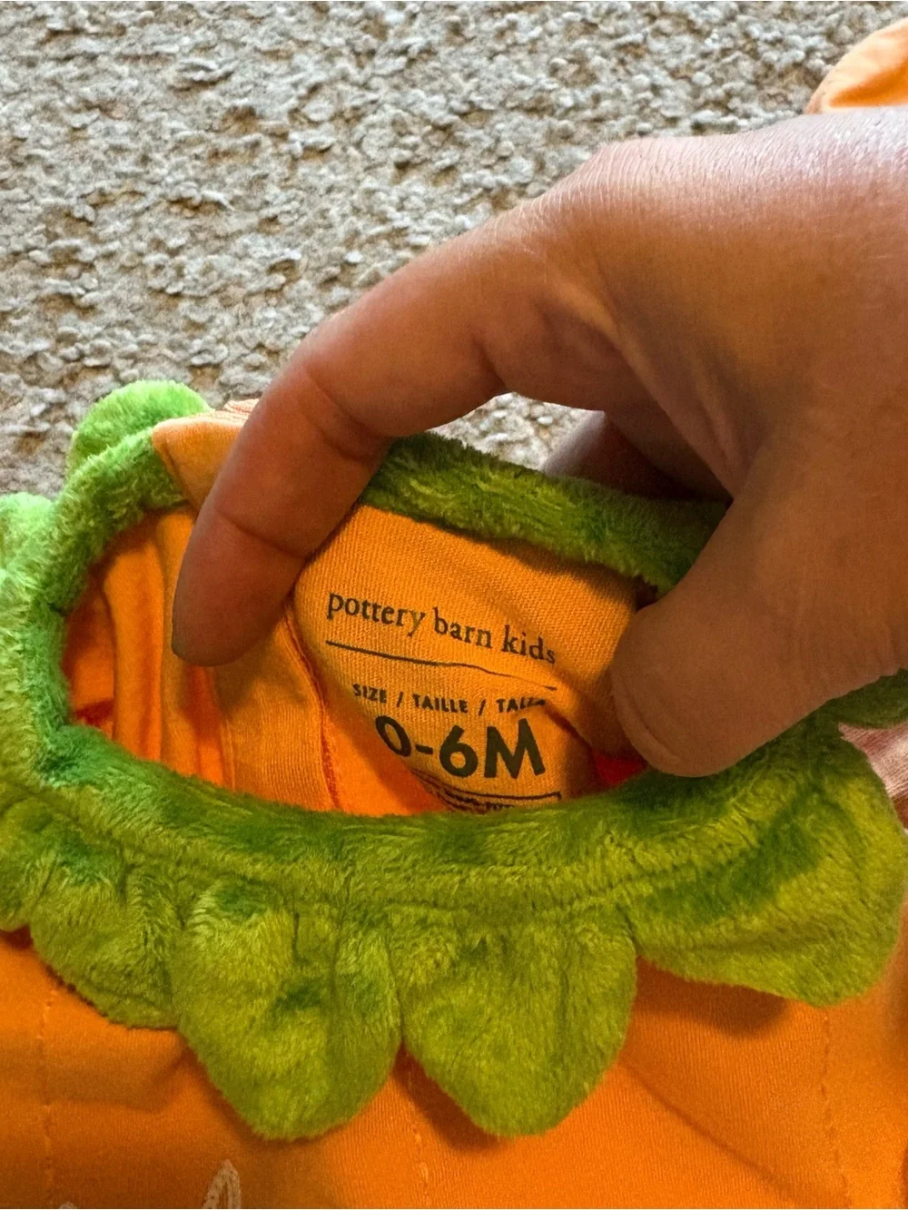 Pottery Barn Lil Pumpkin Orange Infant Gown Green Leaf Collar Bunting Costume